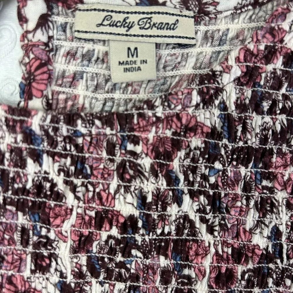 Lucky Brand Paisley Floral Smocked Top Women Medium Burgundy 3/4 Sleeve